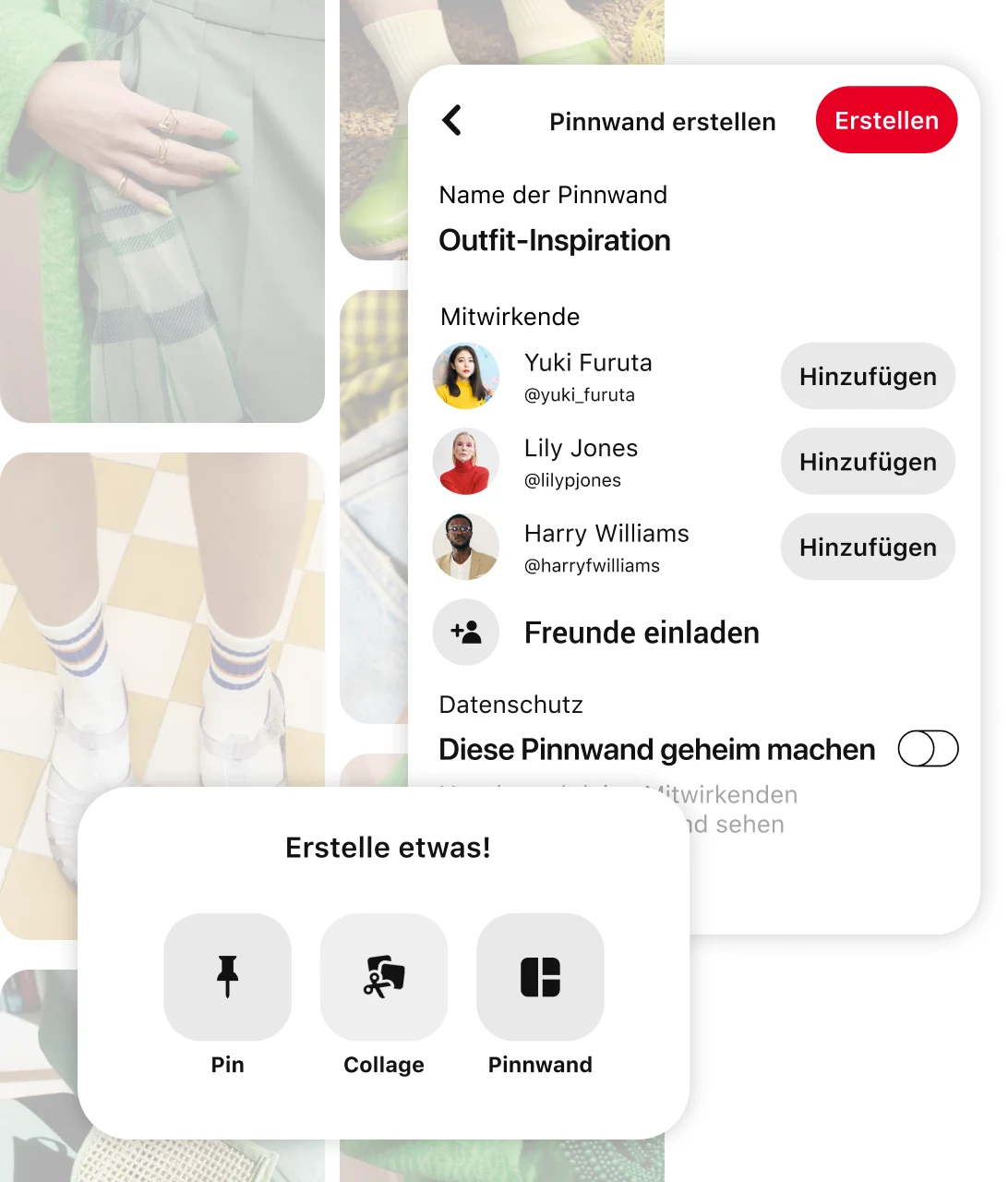 Verblasster Hintergrund mit Pin-Gitter, davor ein Modul mit dem Text „Pinnwand erstellen“ und der Schaltfläche „Jetzt kreativ werden“