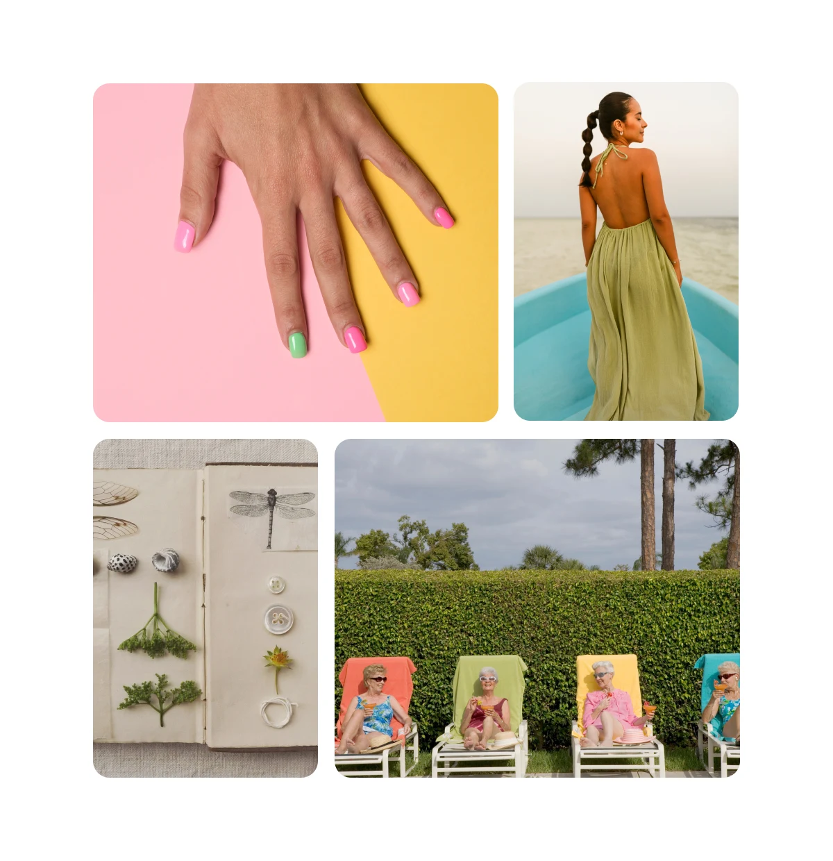 Grid of four images including beach nails, euro holiday outfits, scrapbook ideas, cute friend photos.
