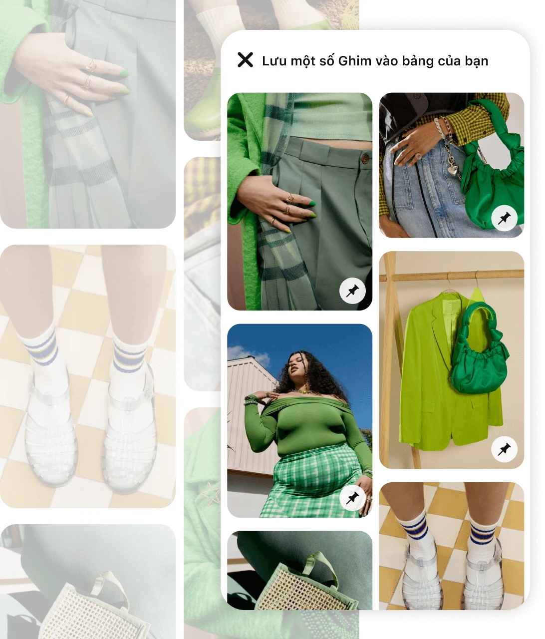 Ghim bao gồm nhiều mục sản phẩm quần áo màu xanh lá cây có lớp phủ là dòng chữ "Lưu vài Ghim vào bảng của bạn"