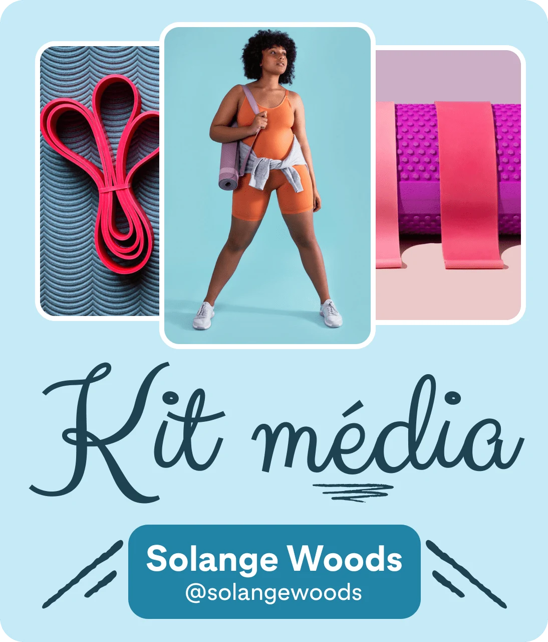 Media Kit for Solange Woods on light blue background. Center image of a woman wearing orange workout outfit holding a yoga mat. Images of fitness equipment on either side of her.