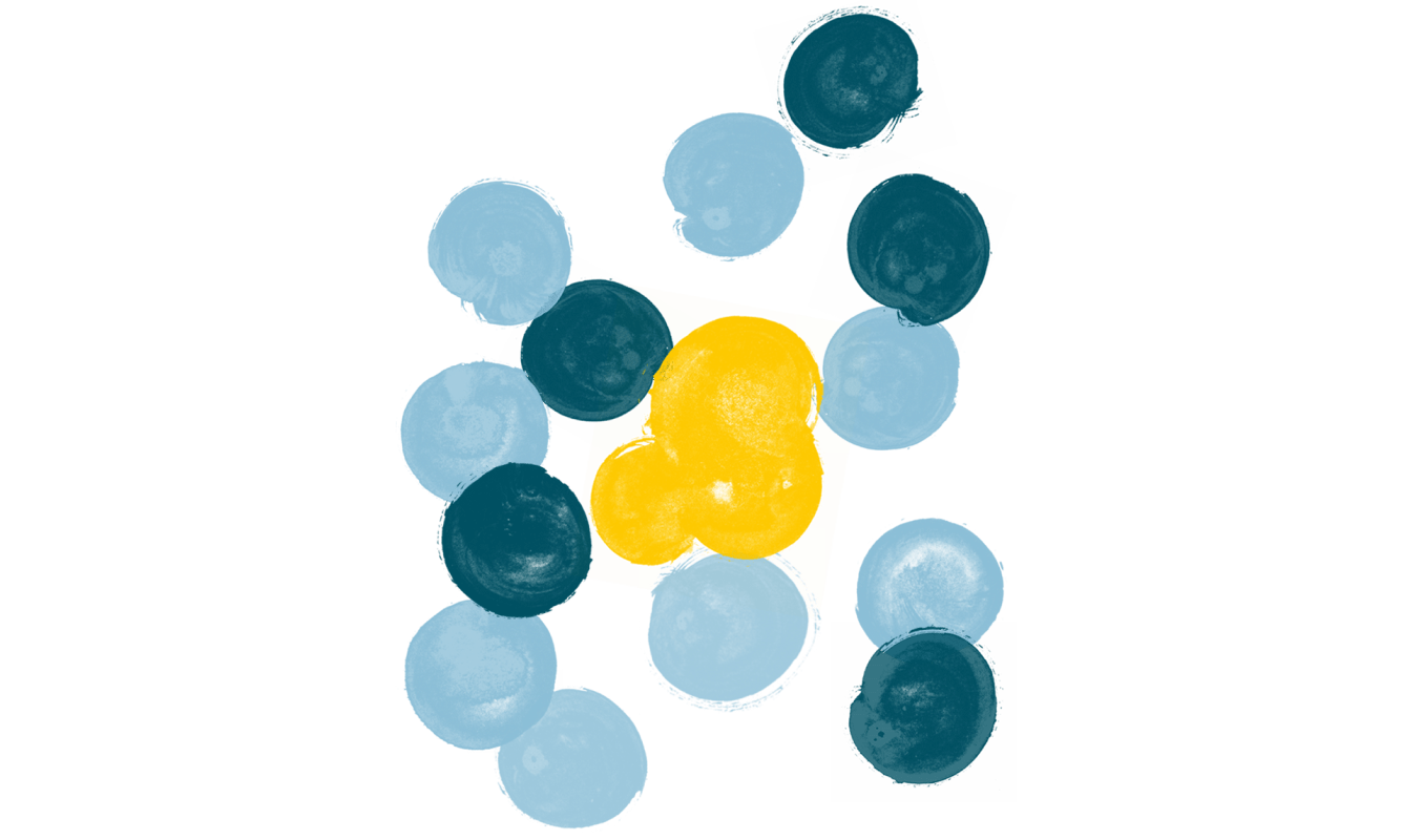Illustration of blue polka dots surrounding yellow dots