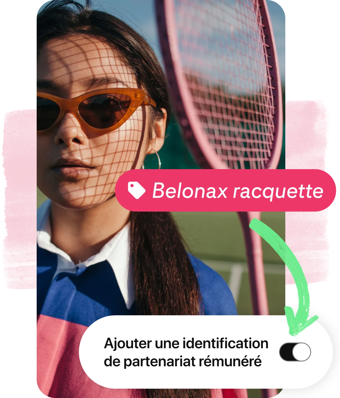 Pin collage, showing woman wearing sunglasses holding a tennis racket, a product tag and button to disclose brand partnership.