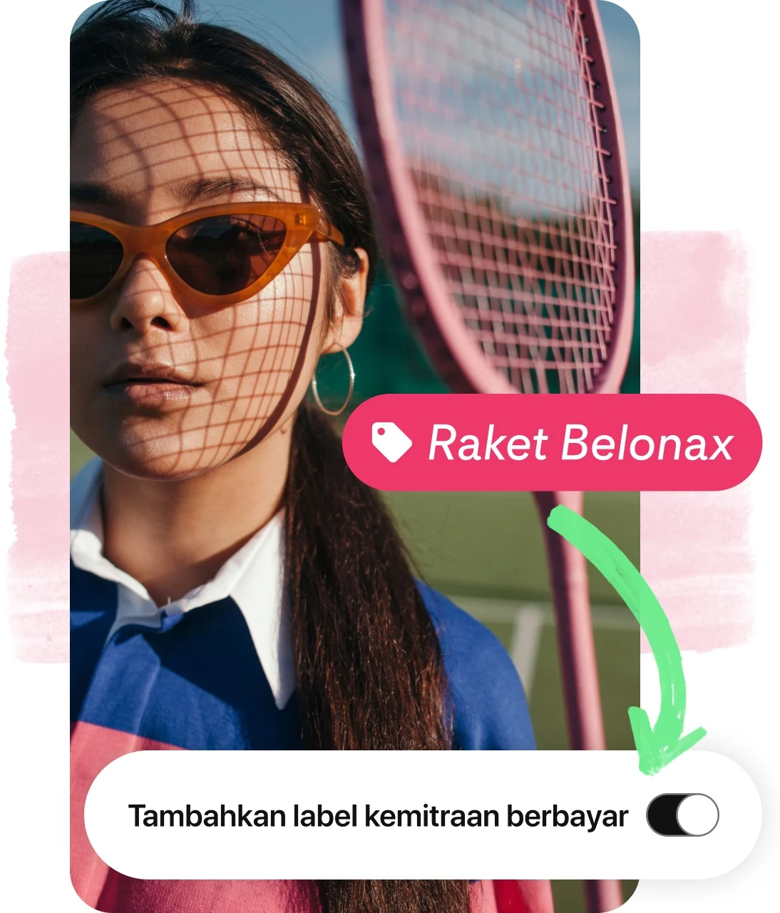 Pin collage, showing woman wearing sunglasses holding a tennis racket, a product tag and button to disclose brand partnership.