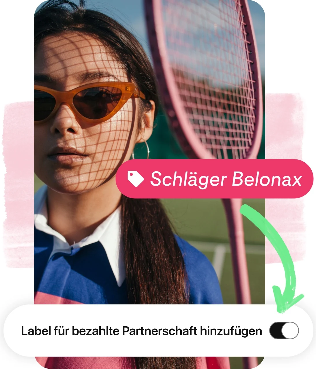 Pin collage, showing woman wearing sunglasses holding a tennis racket, a product tag and button to disclose brand partnership.