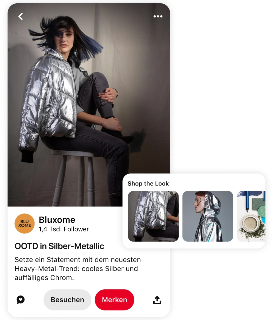Ein Pin mit einer Frau in einer silbernen Puffer-Jacke mit ähnlichen vorgeschlagenen Produkten und der Aufforderung „Hol dir den Look“