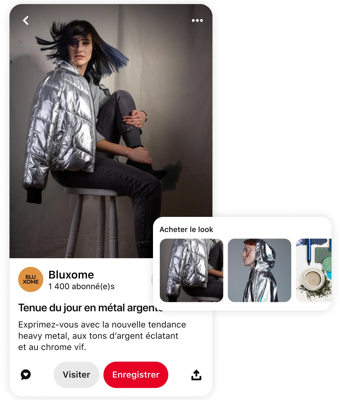 Épingle d’une femme portant une doudoune argentée métallisée avec des suggestions de produits similaires et une invitation à « acheter le look »