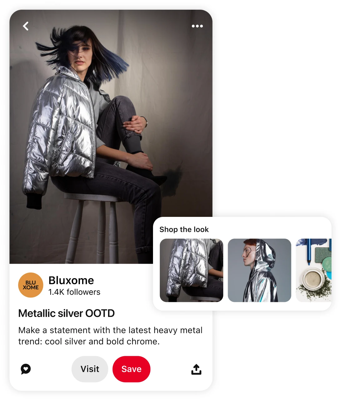 Pin of a woman wearing a metallic silver puffer jacket with suggested similar products and a prompt to ‘shop the look’
