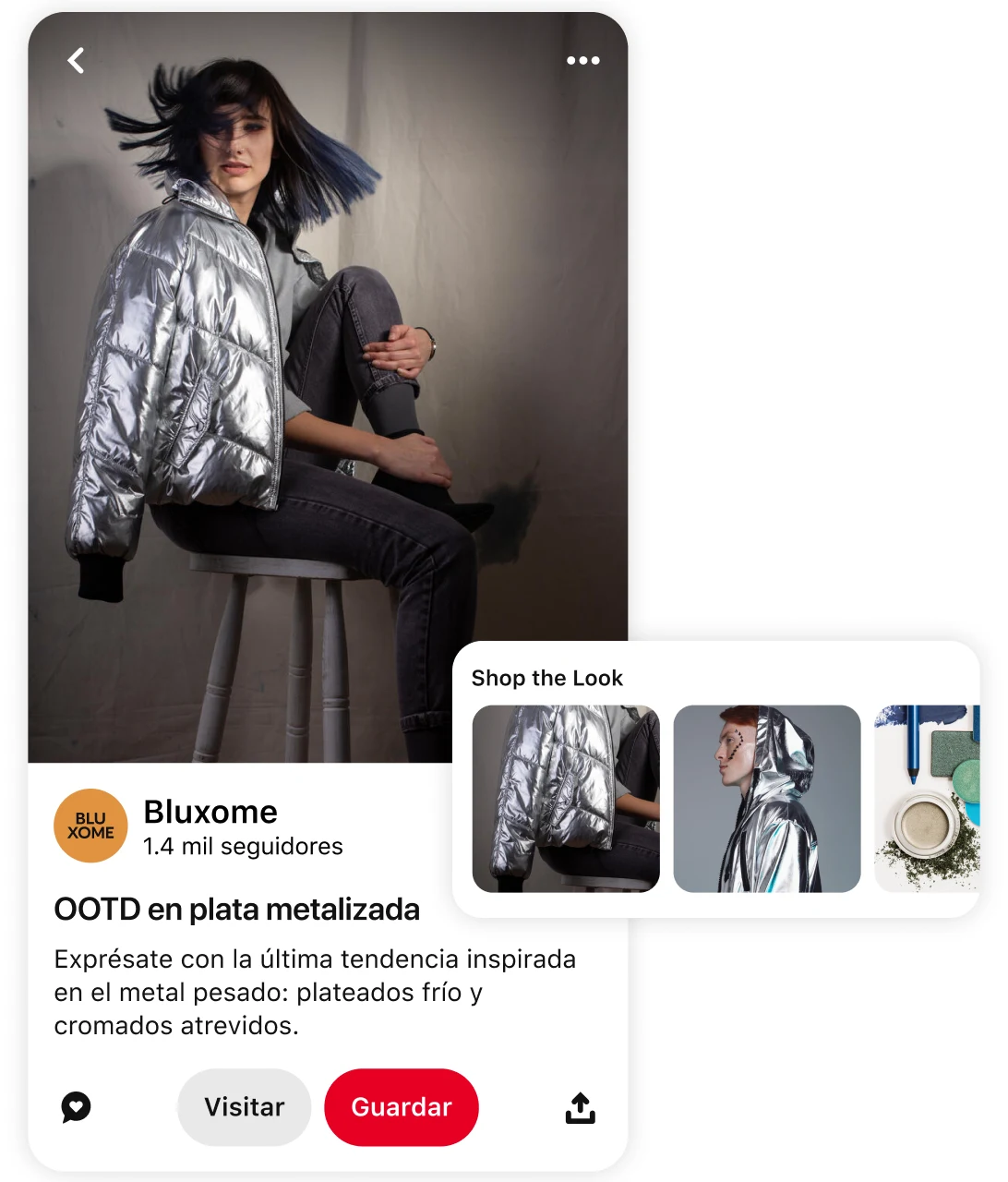 Pin de una mujer que lleva un abrigo acolchado de color plata metalizada, con sugerencias de productos similares y el mensaje “Compra el look”