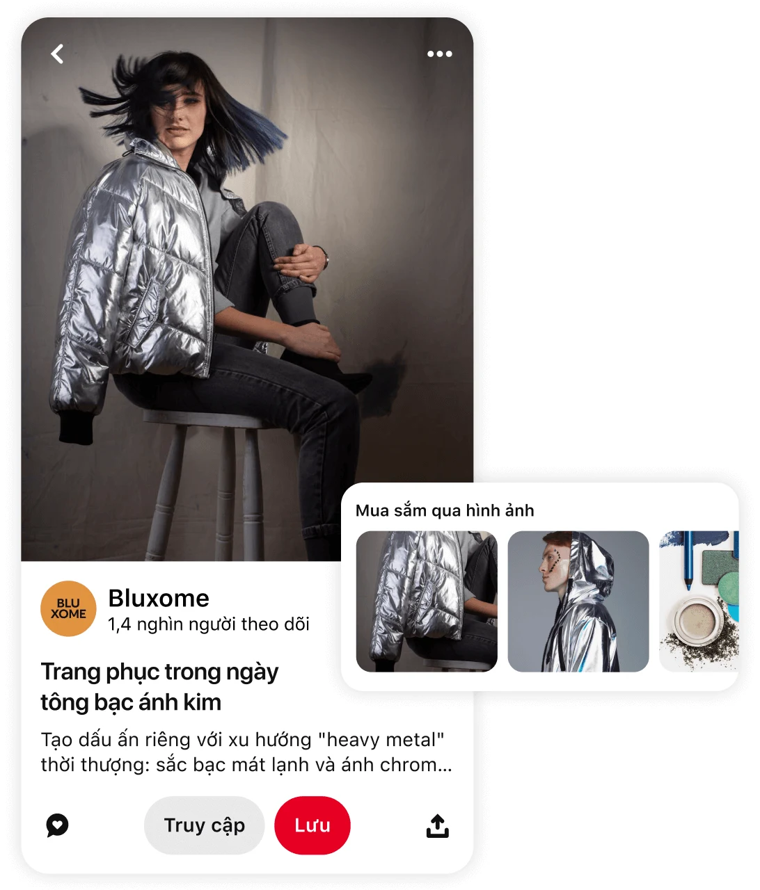 Ghim về một người phụ nữ mặc áo khoác phao màu bạc ánh kim, kèm theo gợi ý các sản phẩm tương tự và lời nhắc "mua tại liên kết"