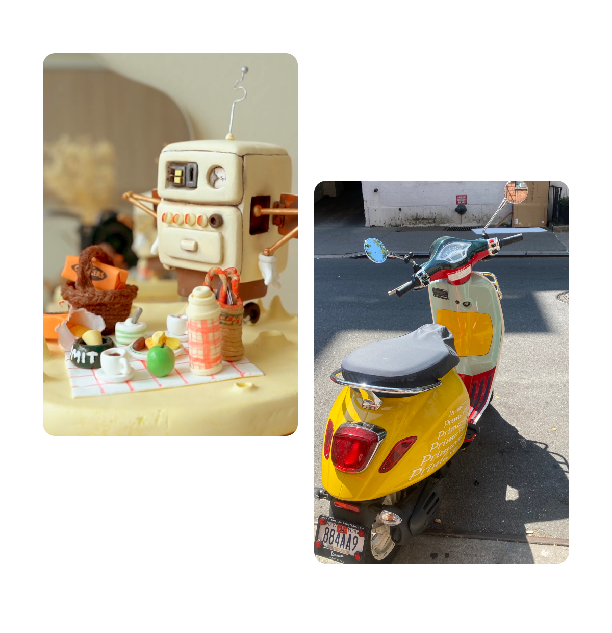 Two pins, clay figurines, moped