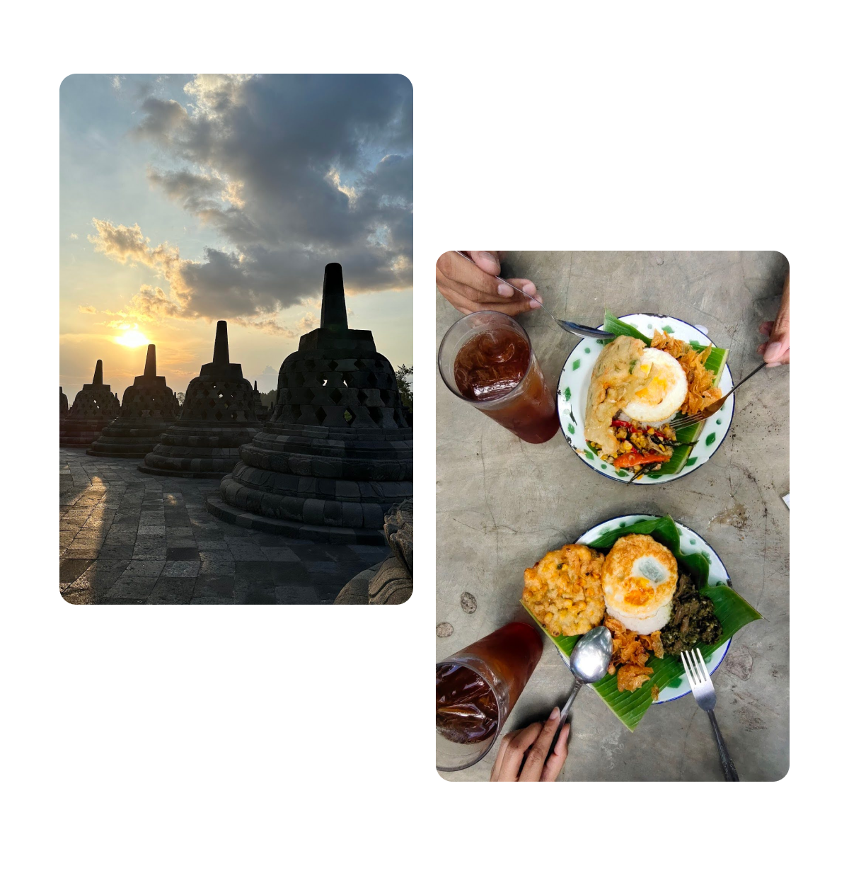 Two pins, temples, sharing traditional meal