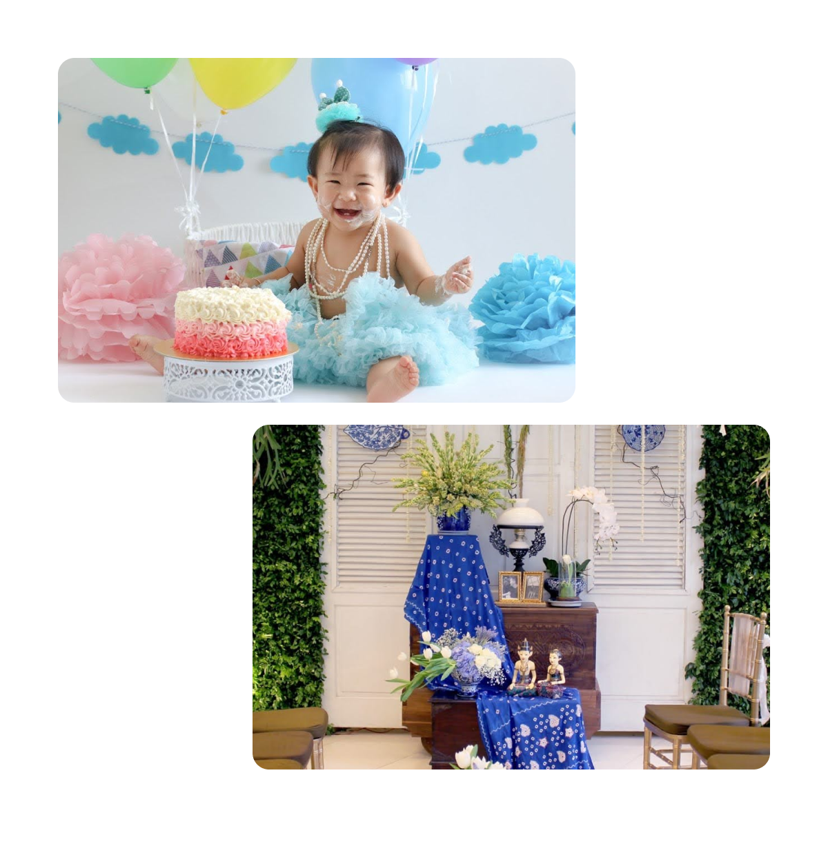Two pins, toddler with presents cakes and balloons, decorations for party