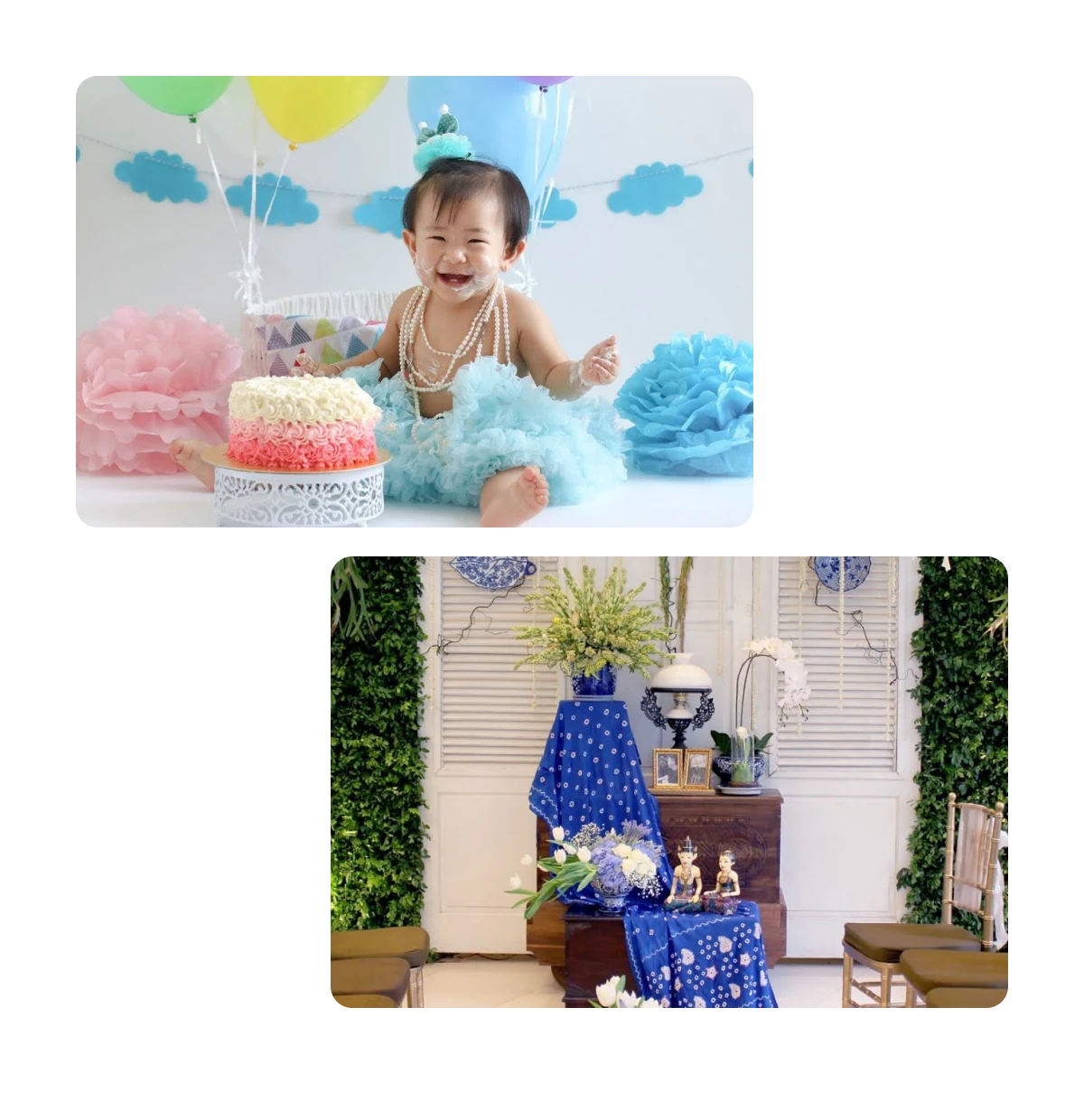Two pins, toddler with presents cakes and balloons, decorations for party