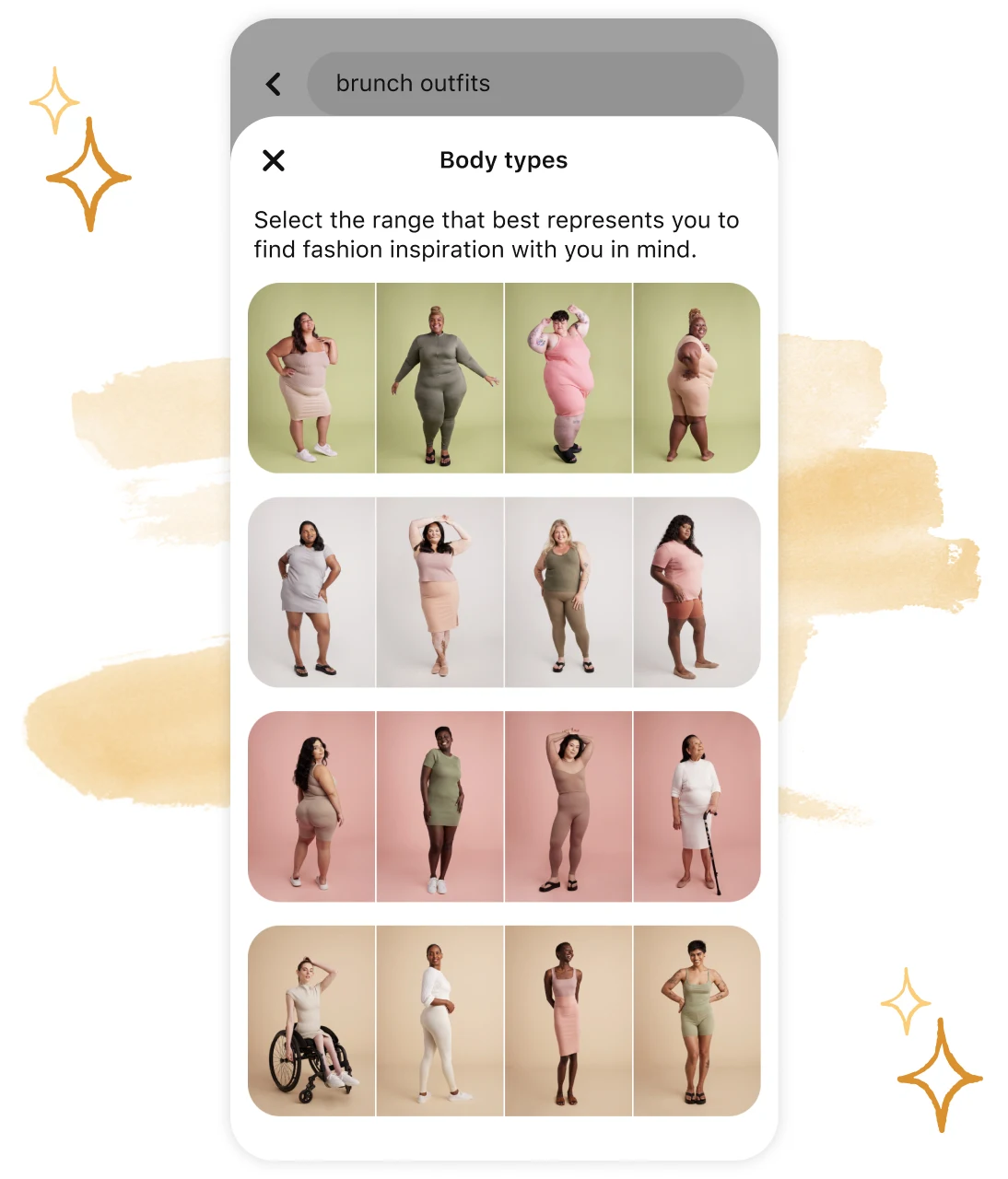 Phone screen showing 16 different body types