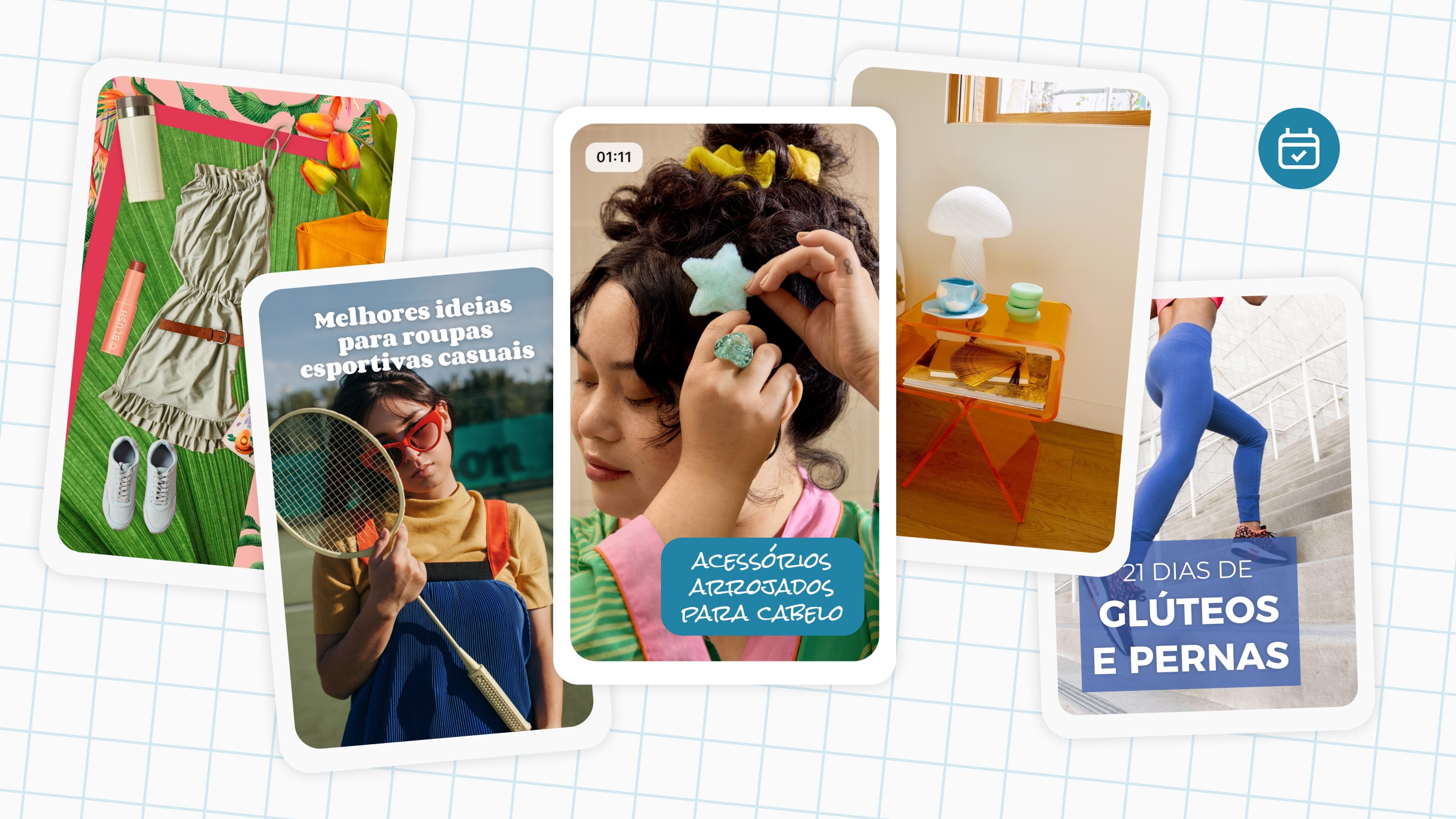 Um grupo de Pins sobre um papel quadriculado, com uma colagem de roupas, uma mulher segurando uma raquete de tênis e uma presilha de cabelo com estrelas.