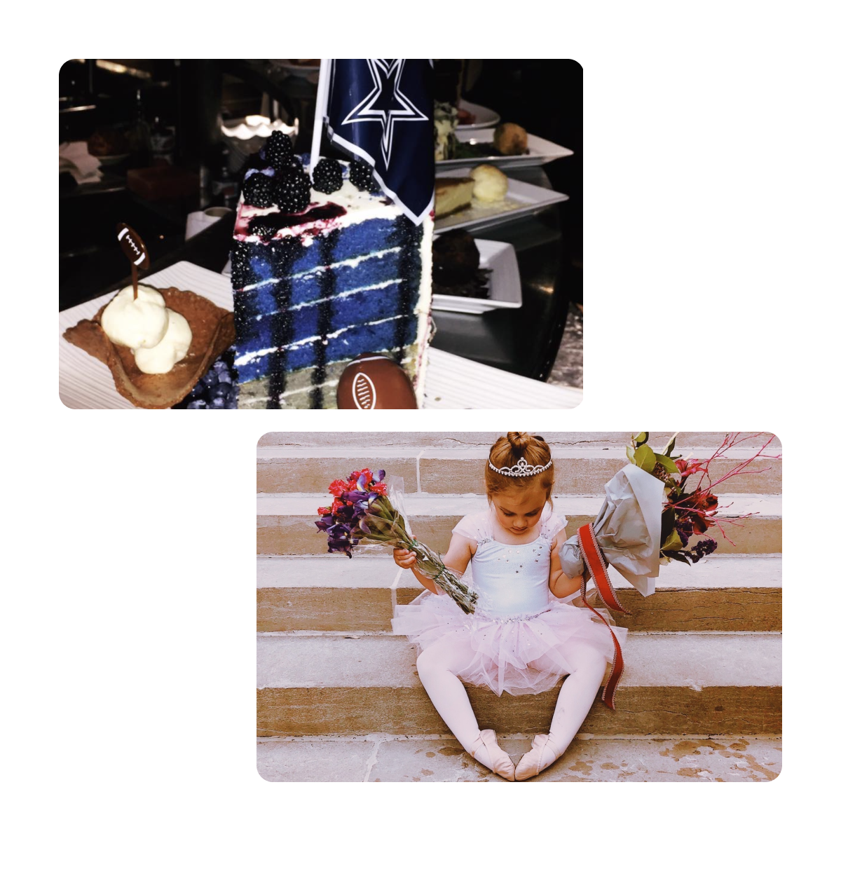 Two pins, football team cake, young ballerina with flowers