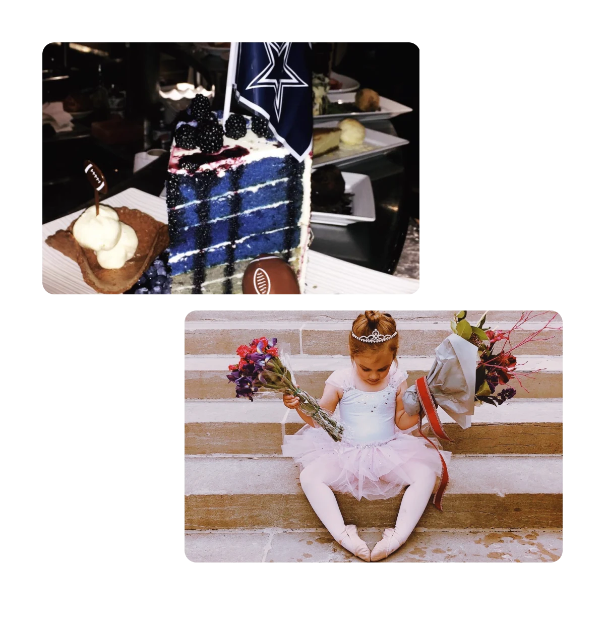 Two pins, football team cake, young ballerina with flowers