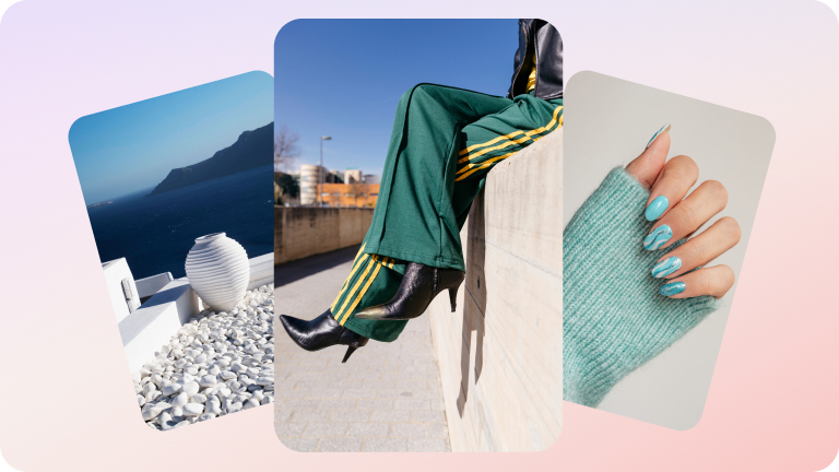 Left: A light blue wire purse held in front of the sky; Top right: hands with green nail polish holding a green mug in front of a green jacket; Bottom right: the back of a person's head with a creative twisted pigtail hairstyle 