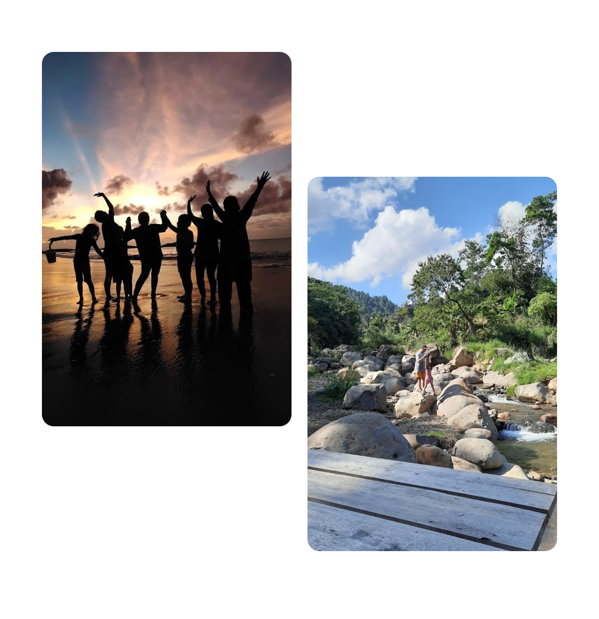 Two pins, friends at beach at sunset, father and daughter walking on rocks over stream