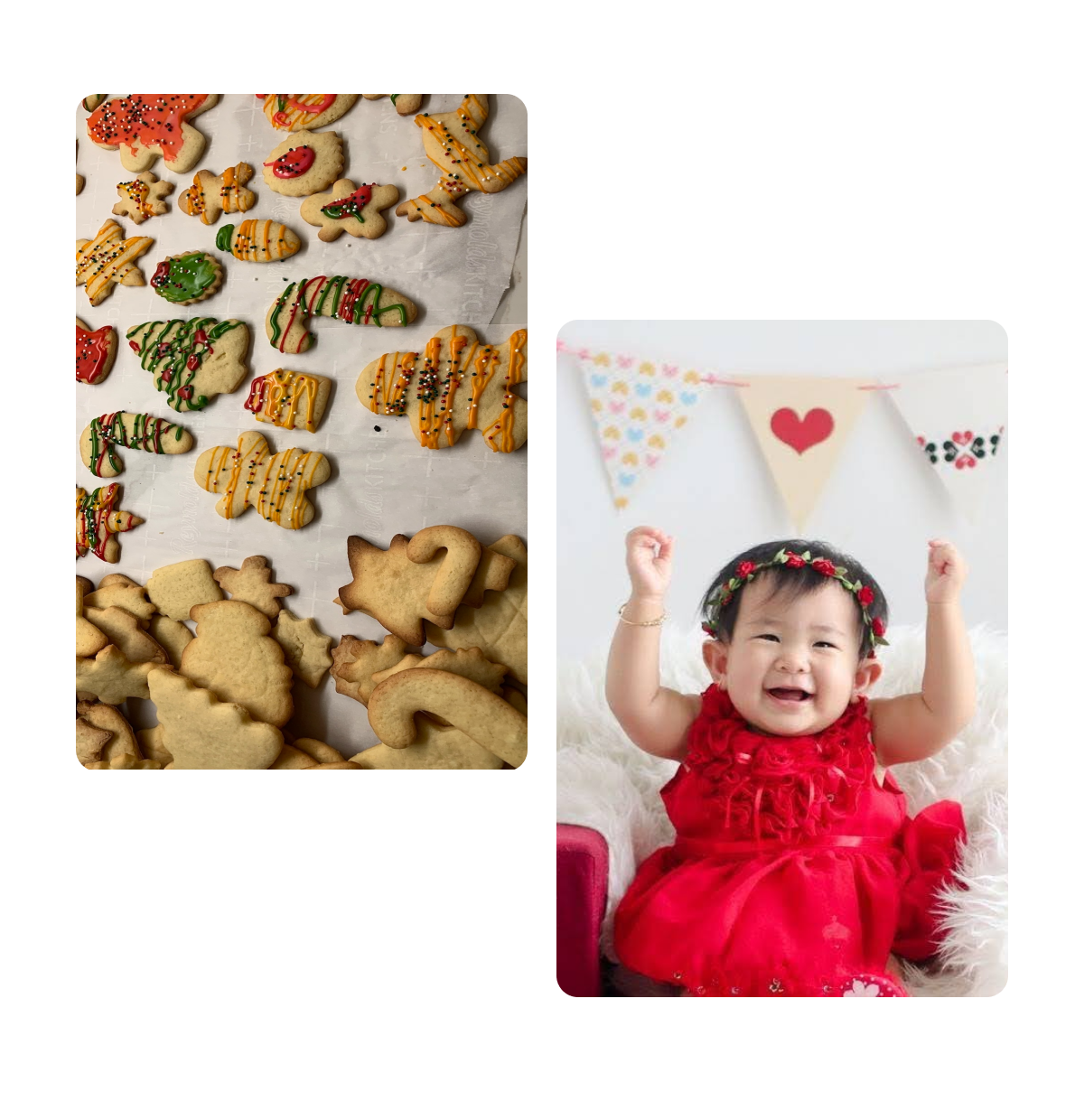 Two pins, homemade christmas cookies, happy baby with arms above head in front of walk decoration for holiday
