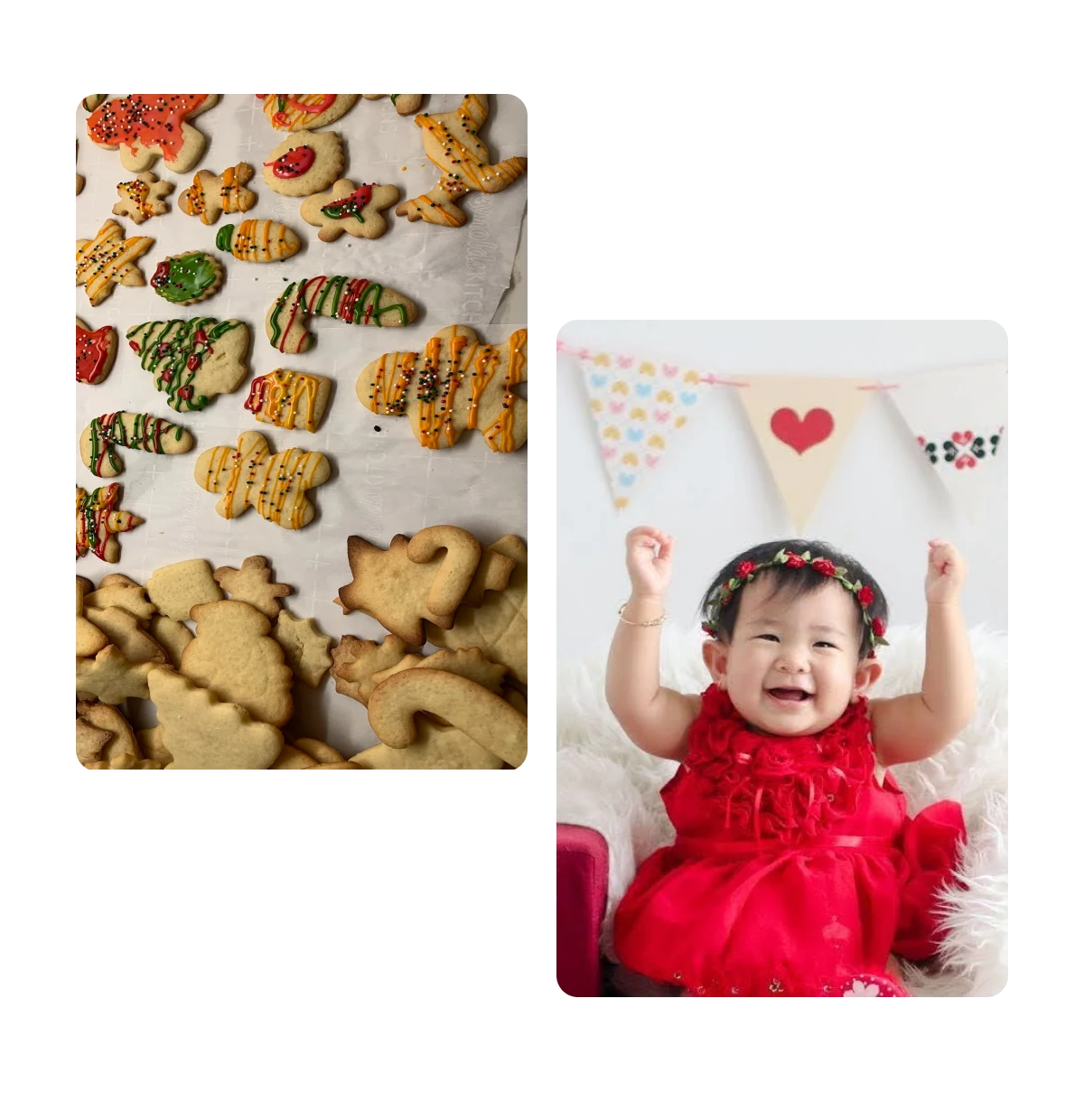 Two pins, homemade christmas cookies, happy baby with arms above head in front of walk decoration for holiday