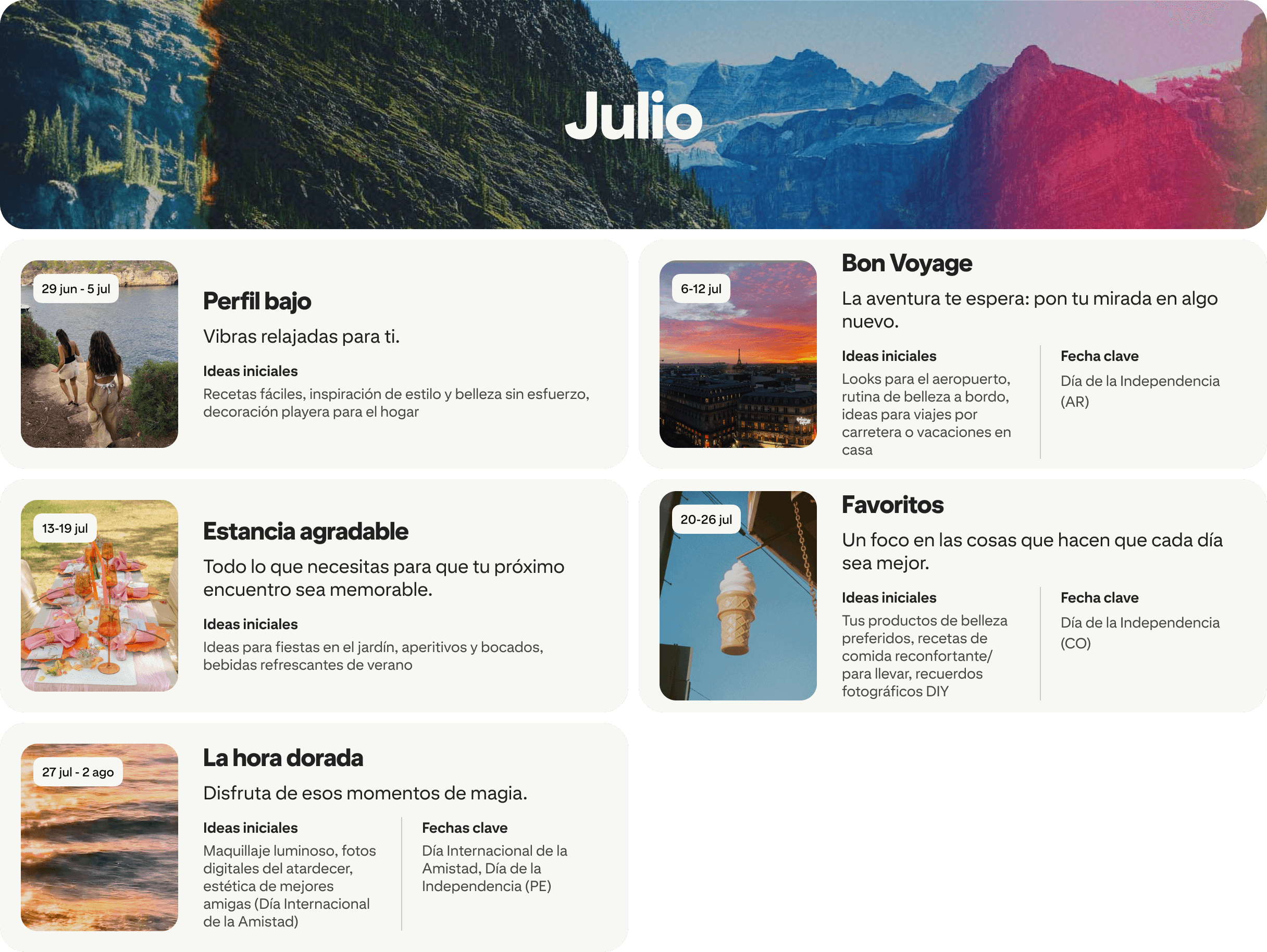 July planner view with five cards: Low-key, Bon voyage, Happy hosting, Favorites and Golden hour, each dated and paired with photos.