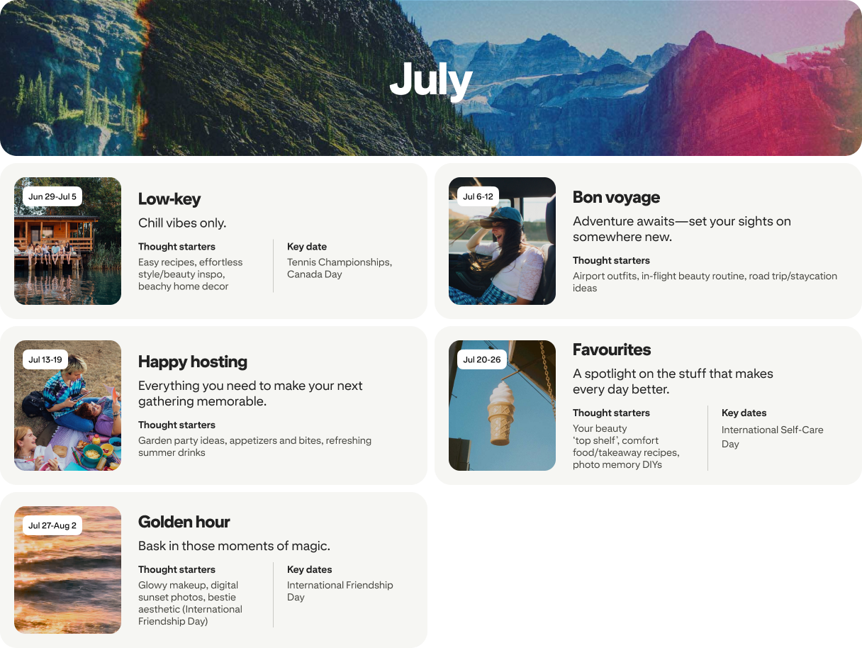 July planner view with five cards: Low-key, Bon voyage, Happy hosting, Favorites and Golden hour, each dated and paired with photos.