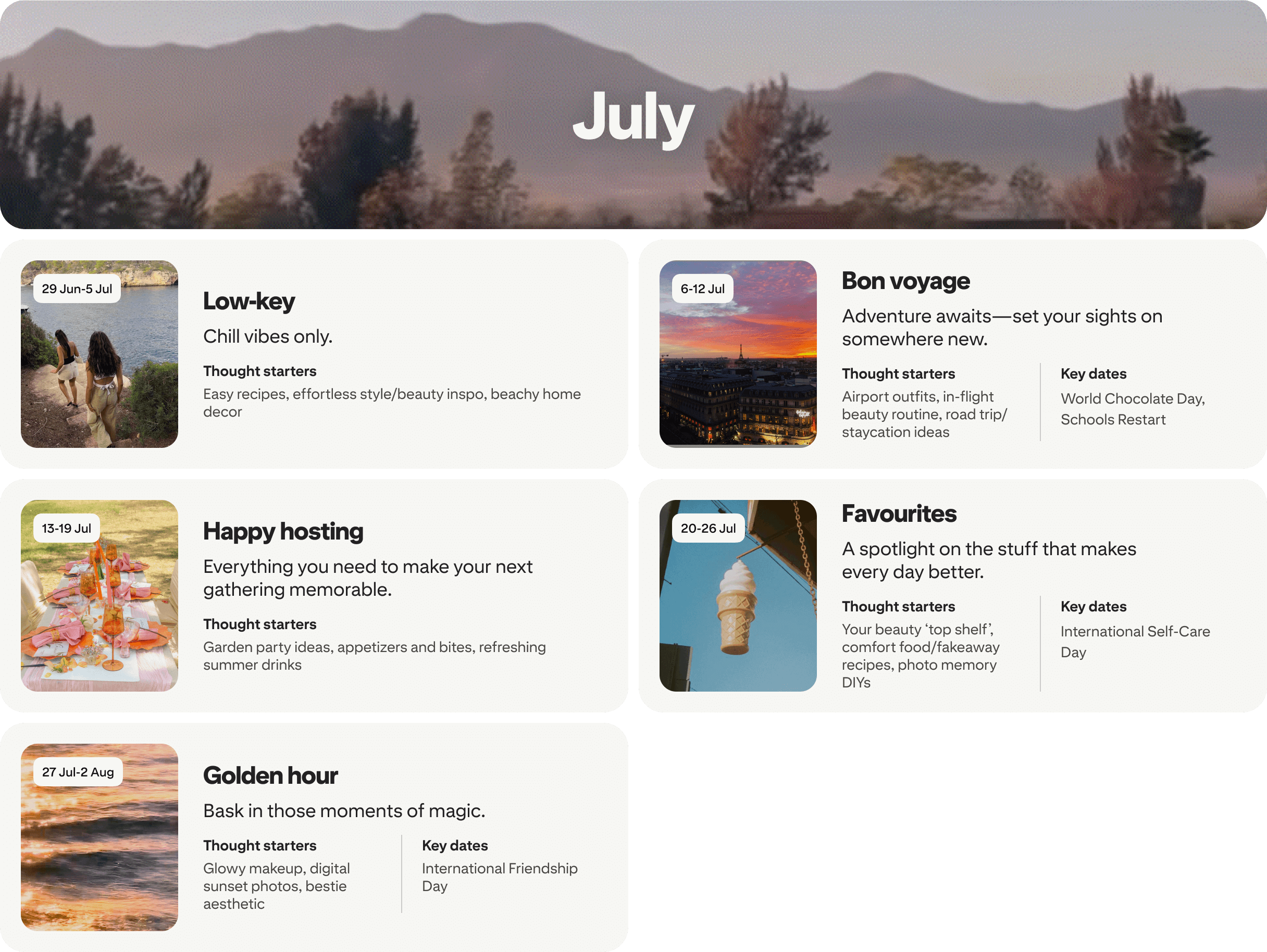July planner view with five cards: Low-key, Bon voyage, Happy hosting, Favorites and Golden hour, each dated and paired with photos.