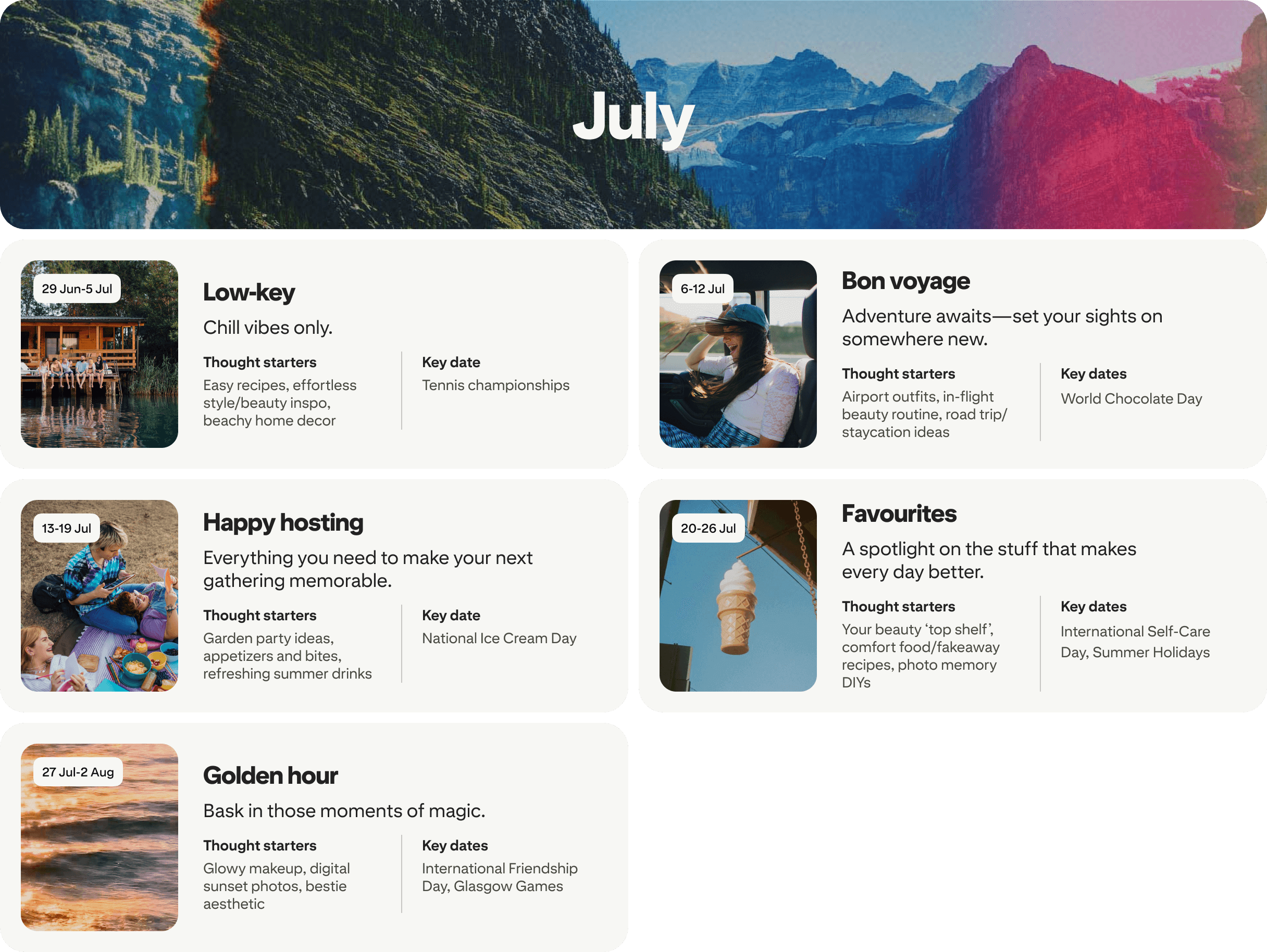 July planner view with five cards: Low-key, Bon voyage, Happy hosting, Favorites and Golden hour, each dated and paired with photos.