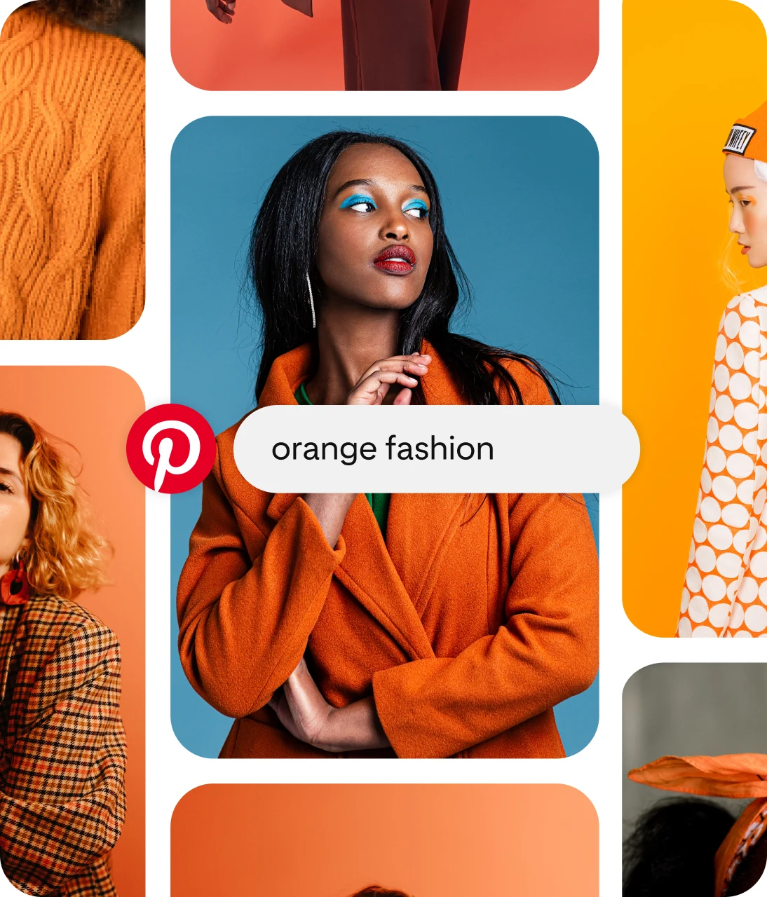 Pinterest search bar UI  containing words orange fashion overlaid on pin grid of orange fashion outfits, with woman wearing orange coat in center pins. 