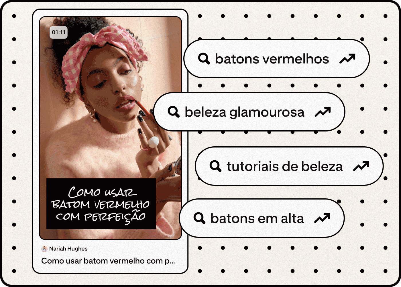 Imagem ilustrativa de um Pin de beleza e termos de pesquisa em alta