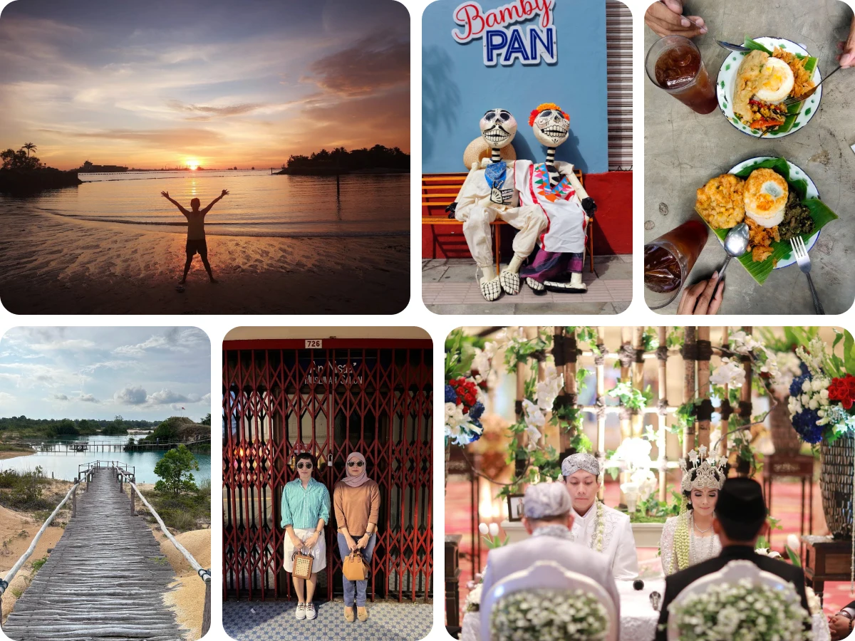 Grid of 6 pins. Person at beach, people sharing food, wooden path to water, women wearing fashionable outfits, traditional wedding.