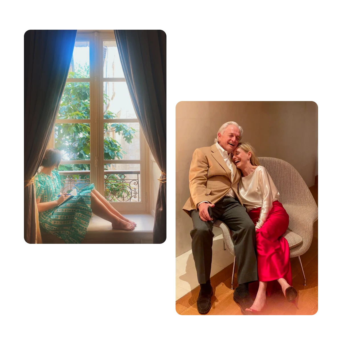 Zwei Pins, Frau sitzt am Fenster, älteres Ehepaar lächelt