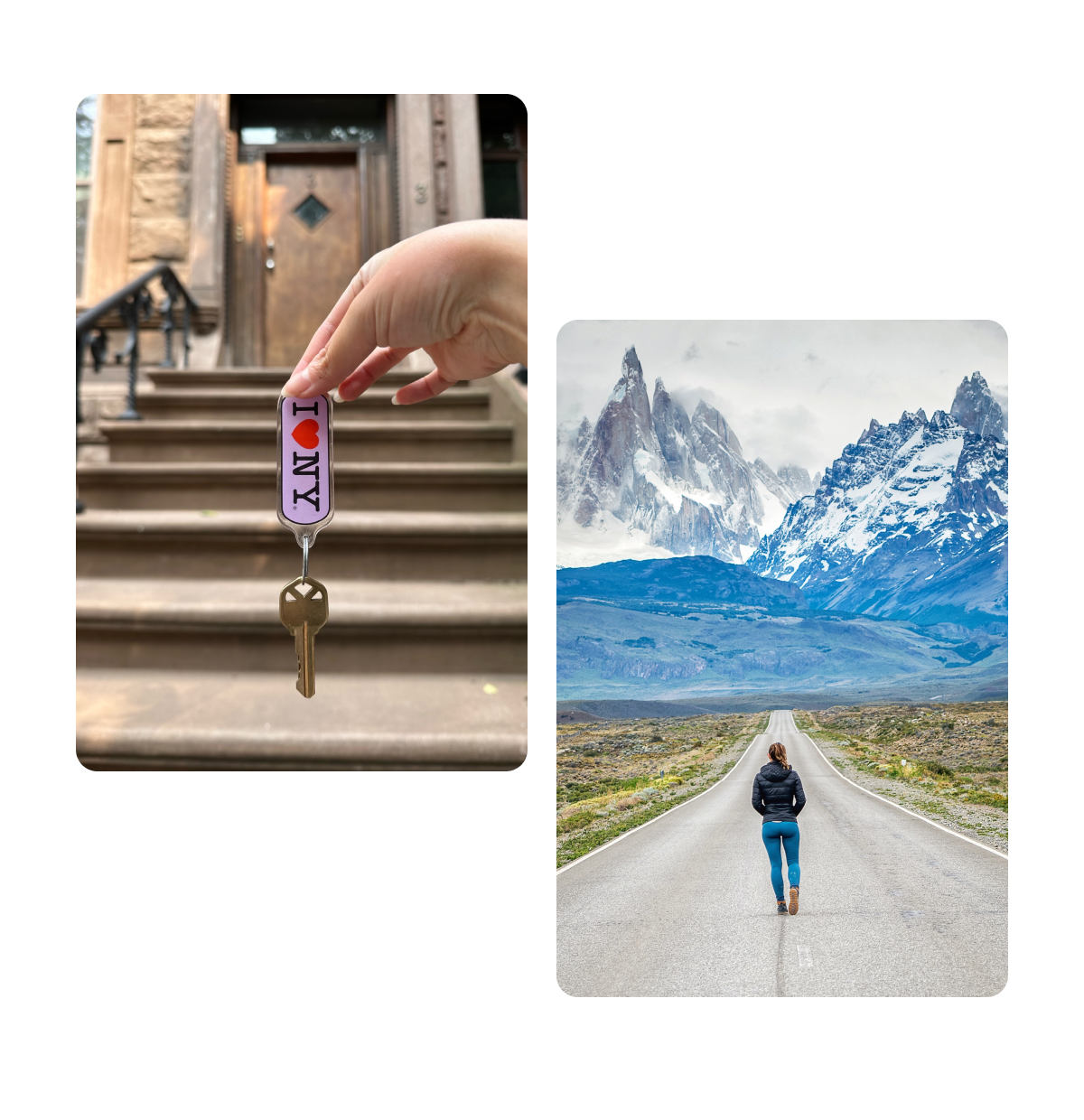 Two pins, keys outside of apartment, walking open road