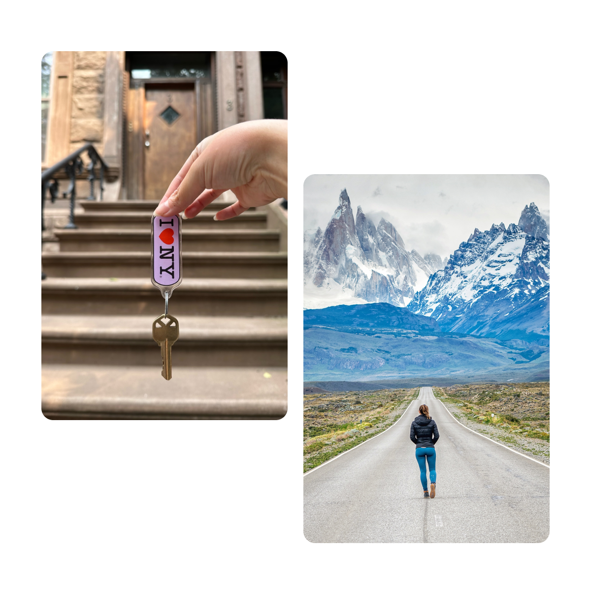 Two pins, keys outside of apartment, walking open road