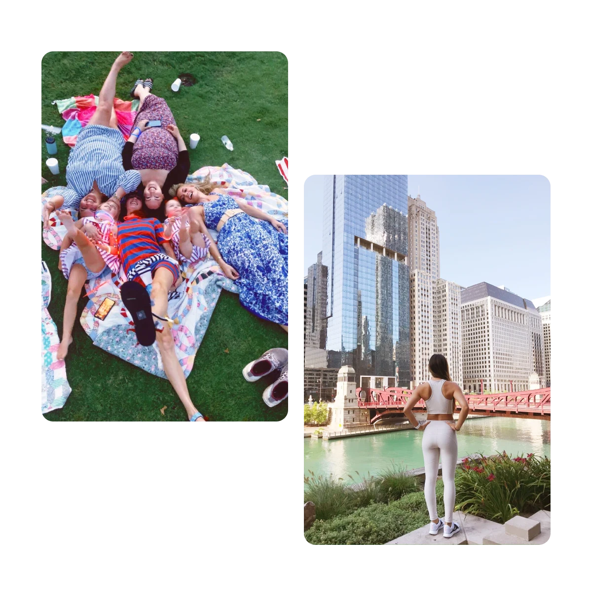 Two pins, group of woman and kids lying down, woman facing waterfront