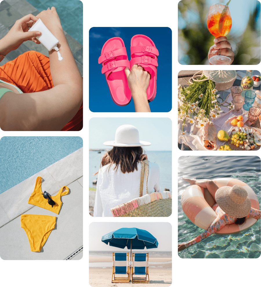 Pin grid showing summer-related images, swimsuit with sunglasses, hot pink sandals, summer cocktails and snacks, beach decor and beachwear