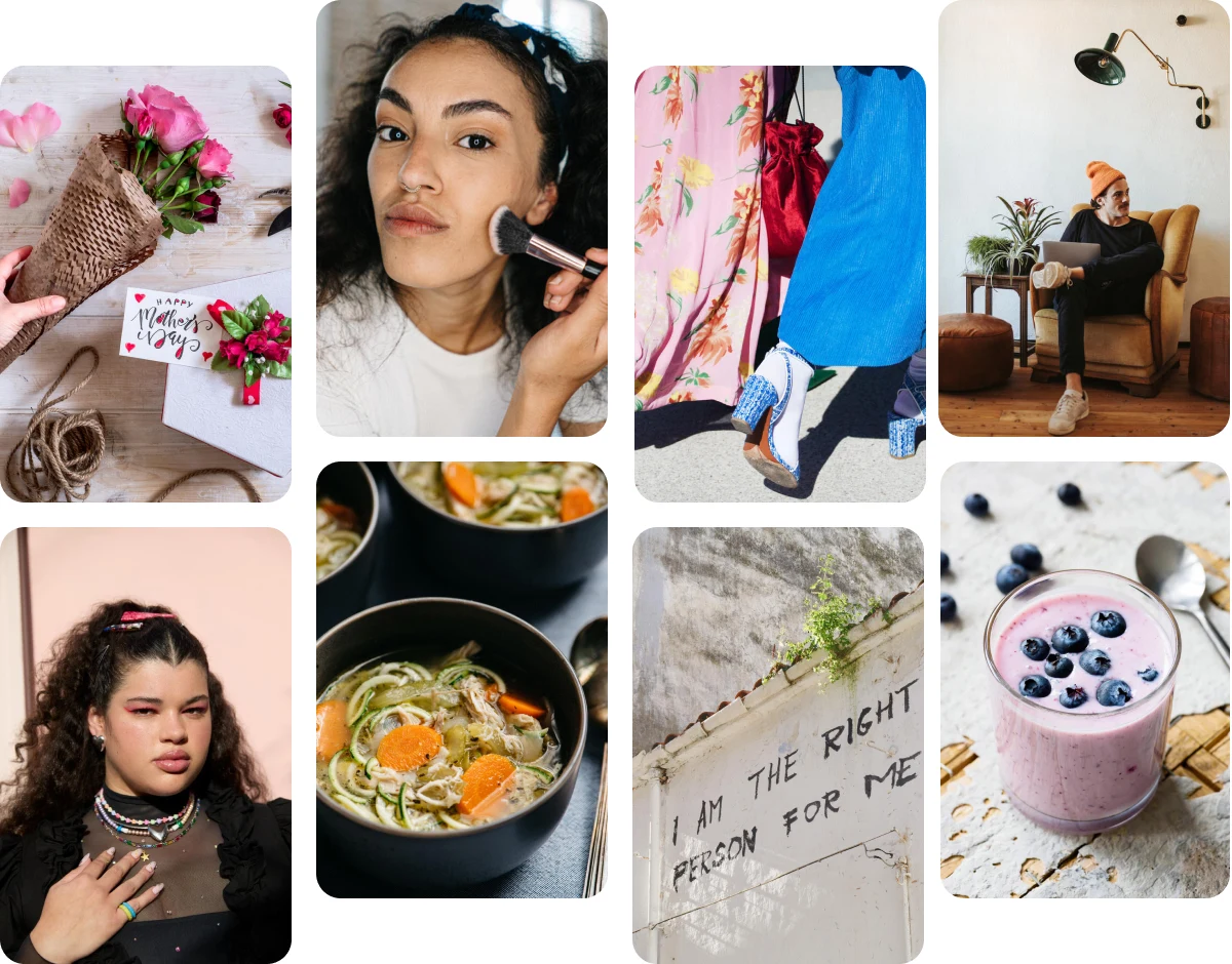 Grid of eight pins. Mothers day gift. Applying makeup. Styling shoes closeup. Man sitting with laptop. Fashionable girl posing. Soup. Quote on wall. Aesthetic drink.