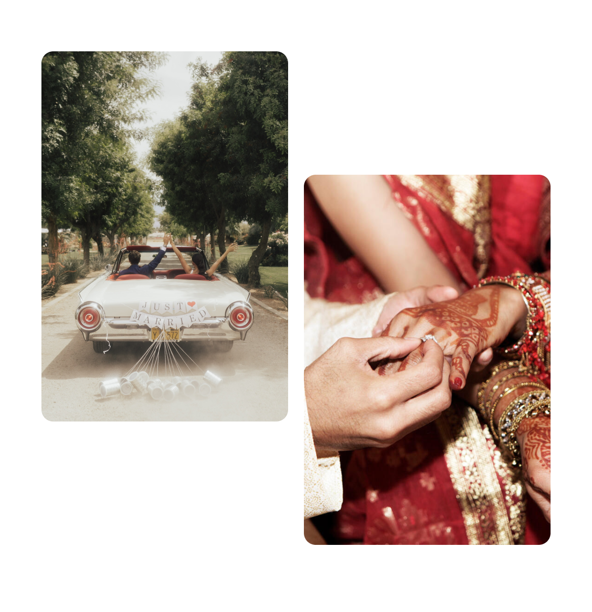 Two pins, just married getaway car, closeup of bride and groom hands