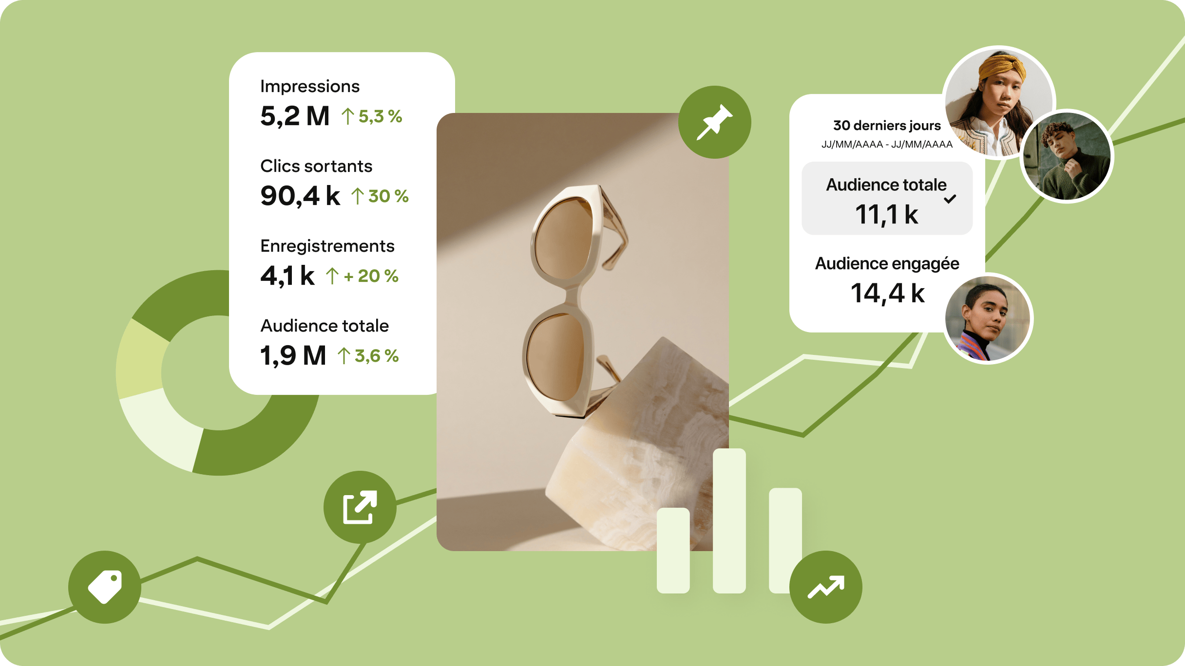 Graphique de collage abstrait illustrant des statistiques Pinterest. Épingle centrale montrant d’élégantes lunettes de soleil posées sur une surface en pierre, avec un fond vert clair et des graphiques indiquant les tendances de croissance.