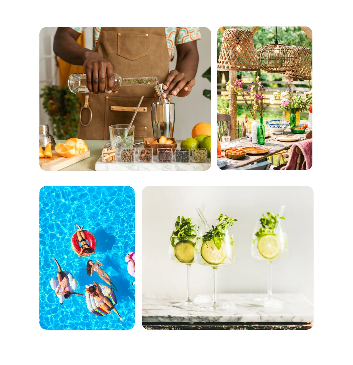 Grid of four images including bar cart setup, garden party ideas, ibiza outfits, summer drinks