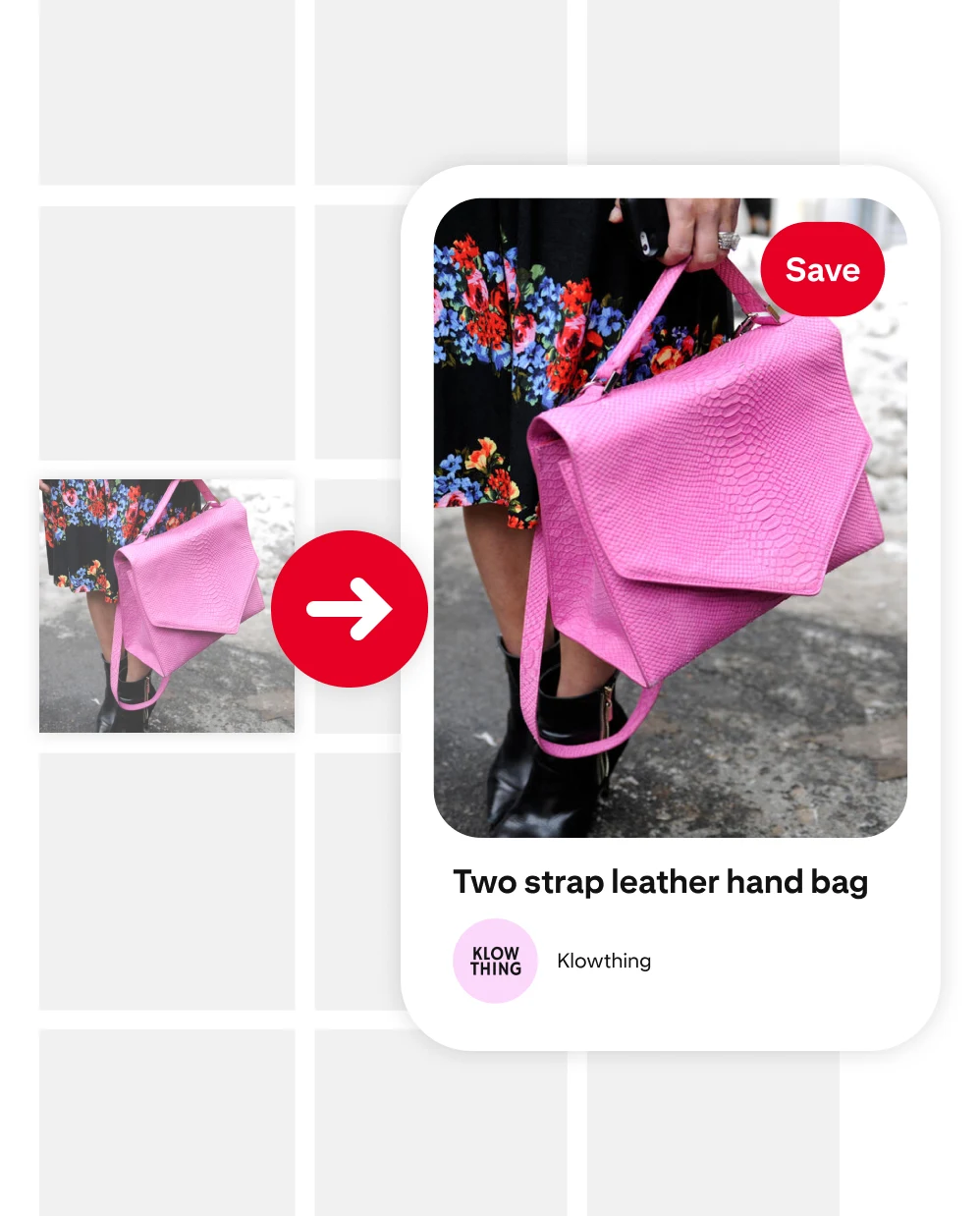 Hand holding a pink purse in front of a blank board grid