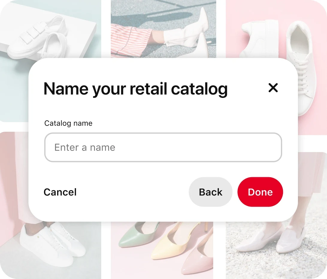 Faded pin grid of shoes behind the"Name your retail catalog" pop up
