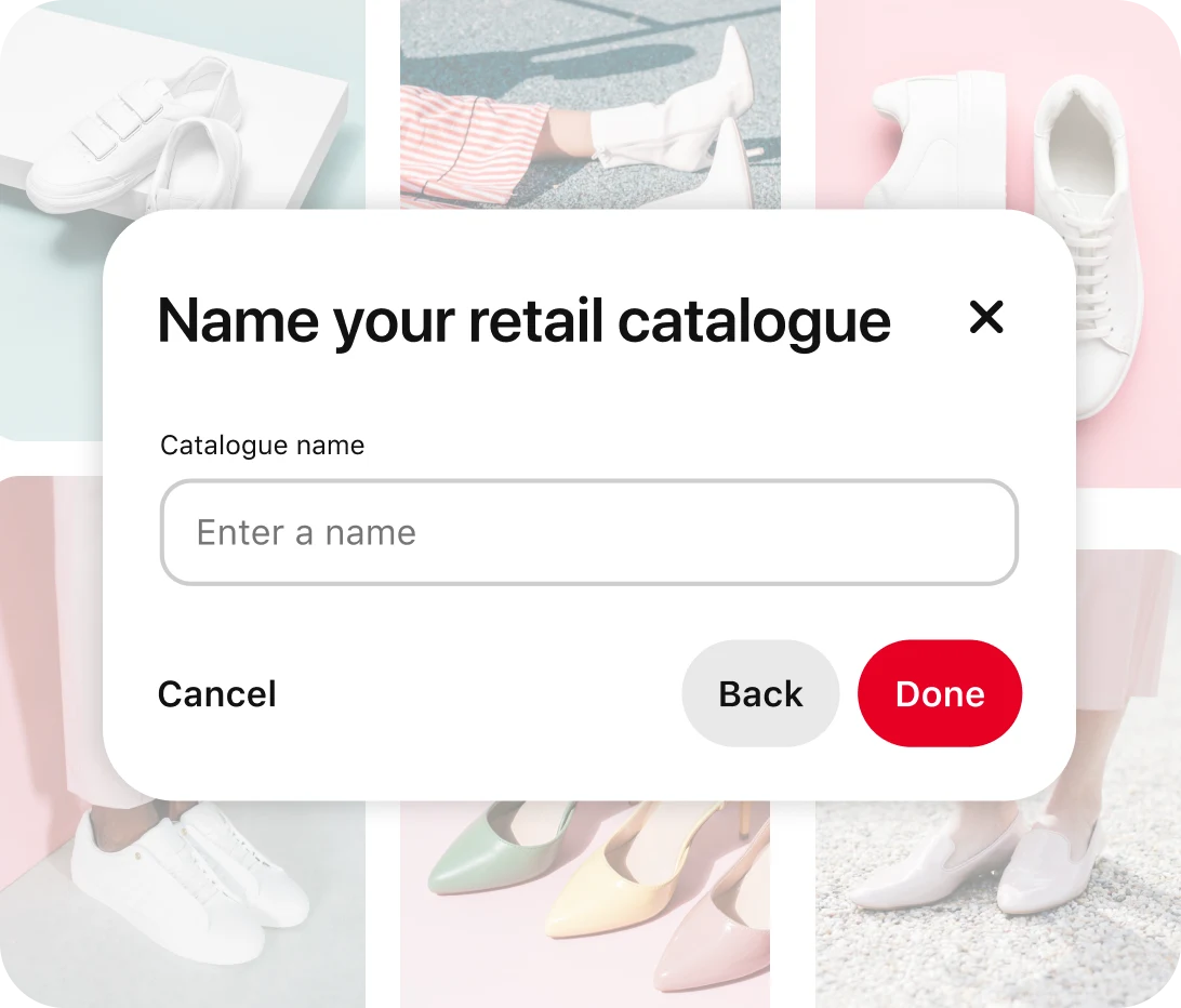 Faded Pin grid of shoes behind the ‘Name your retail catalogue’ pop-up