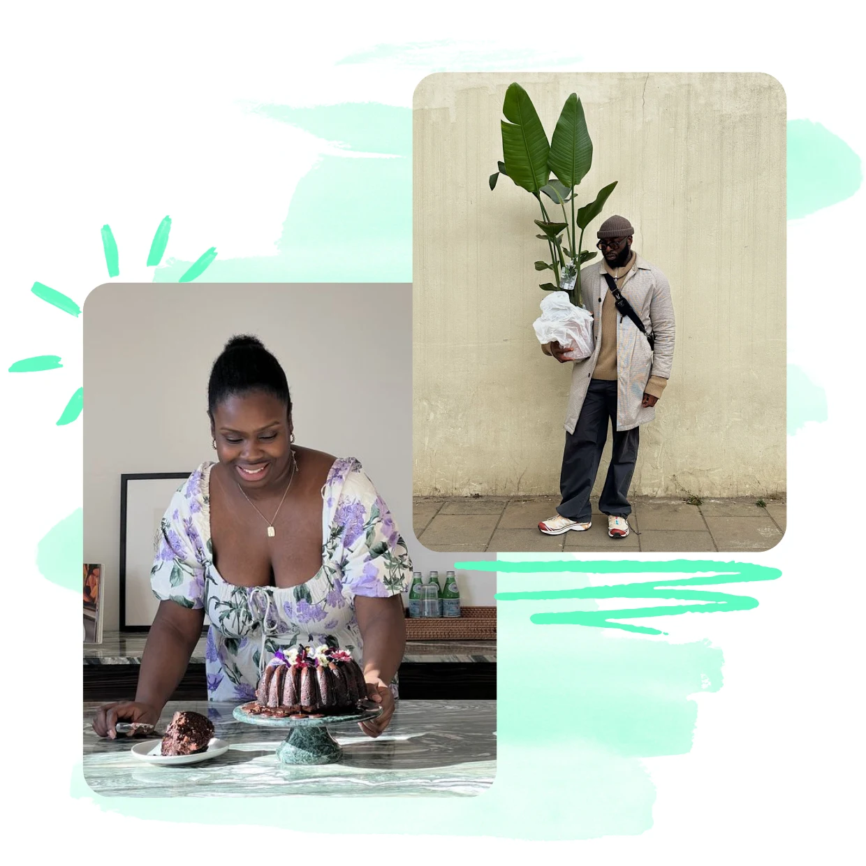 Two showing two creators. One of a woman decorating a cake, the other a man holding a plant.