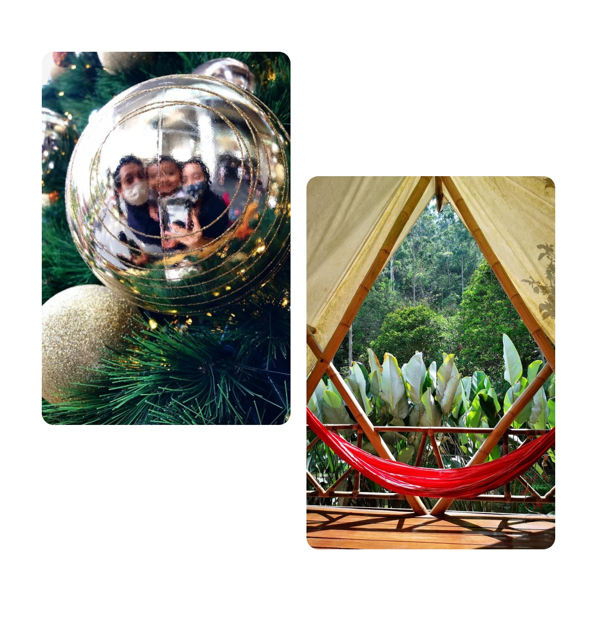Two pins, reflection of family in mirrored ornament, hammock at tropical location