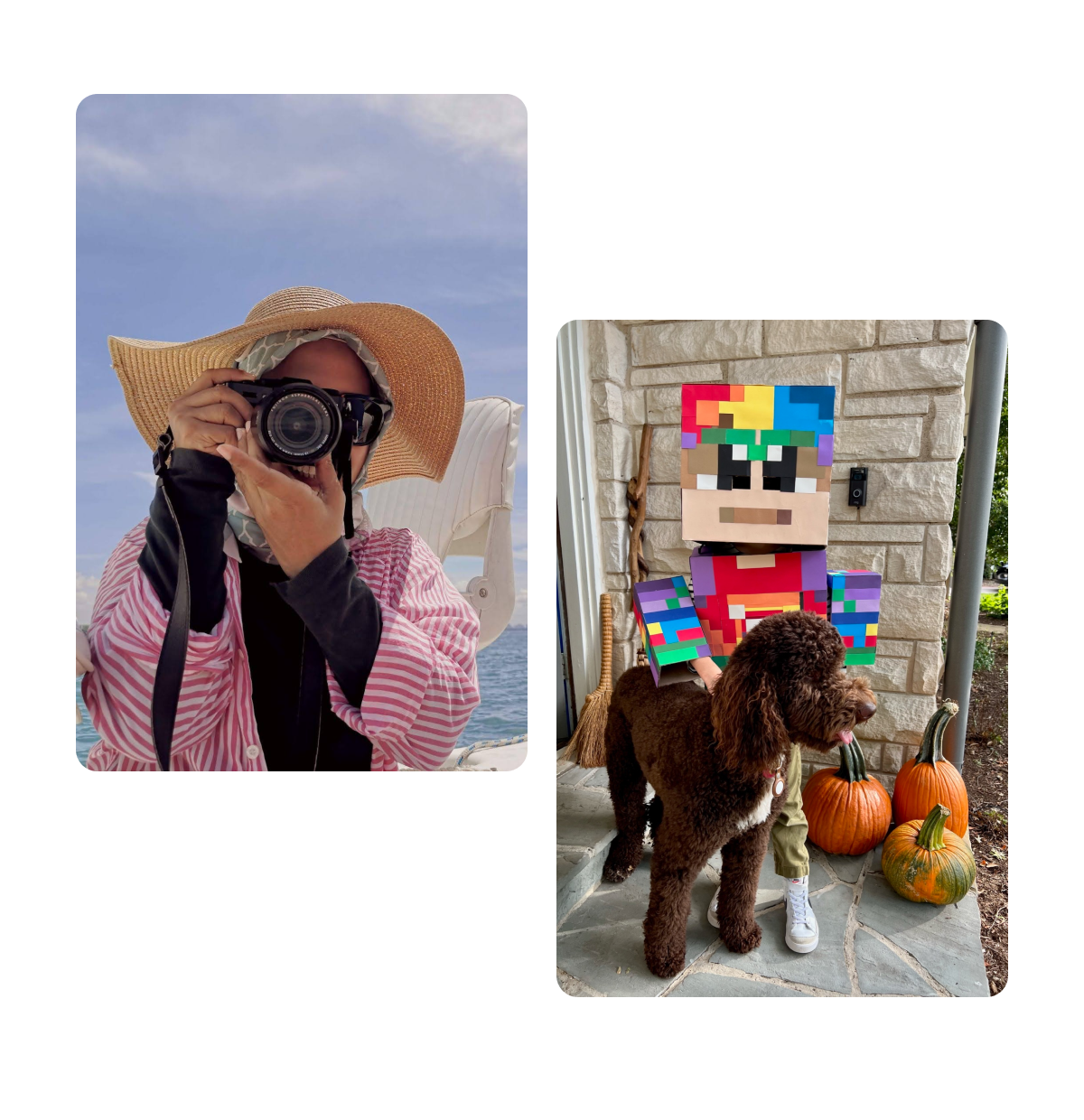 Two pins, woman taking photo with camera, homemade kids halloween costume