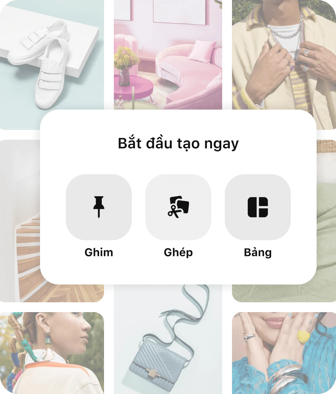 Ảnh ghép gồm các ghim kèm nút tạo ghim