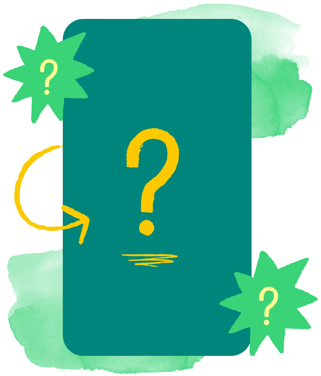Pin verde con punti interrogativi gialli