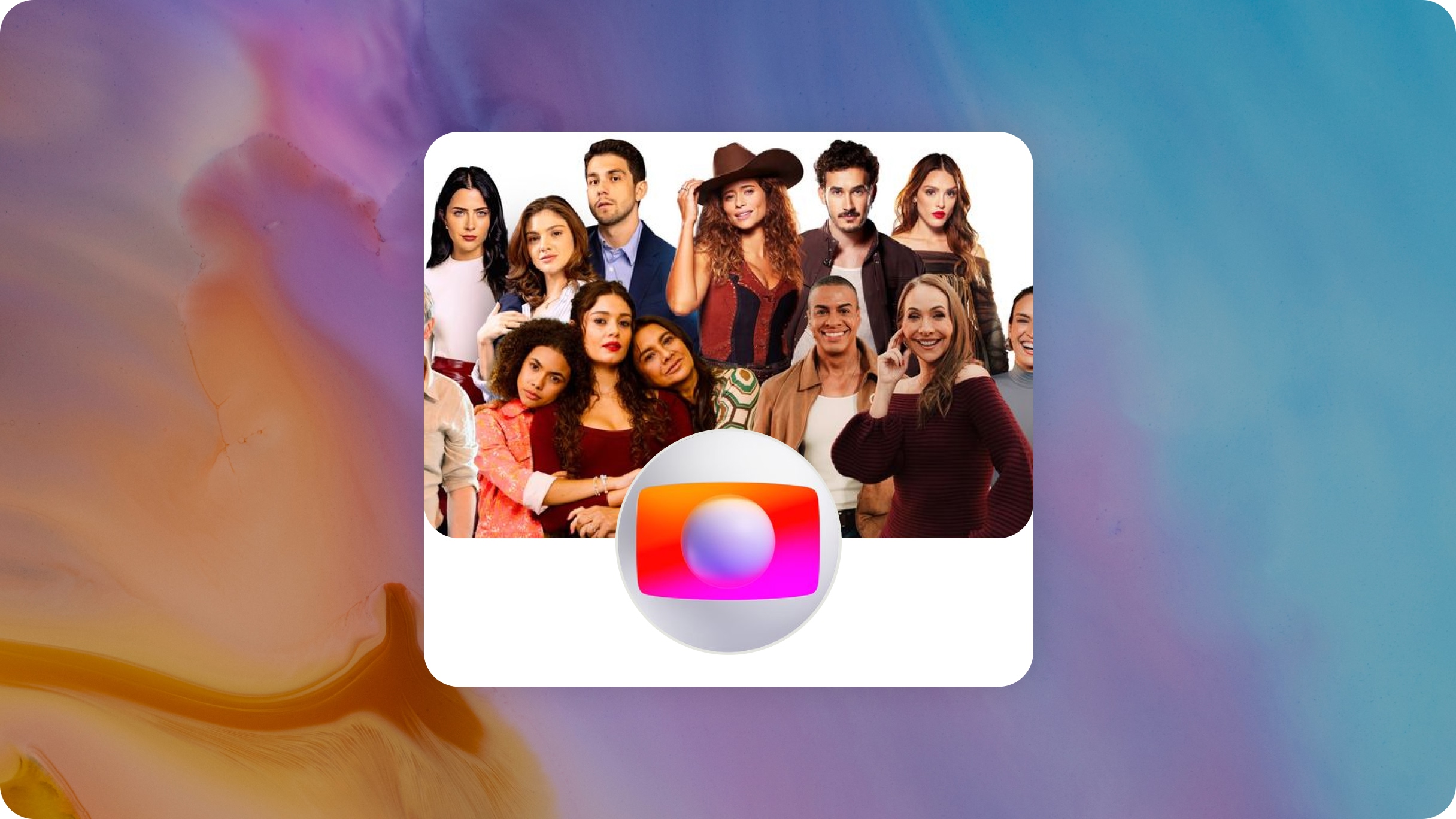 TV Globo header image—a group of telenovela stars—and logo in front of a multicoloured pastel background.